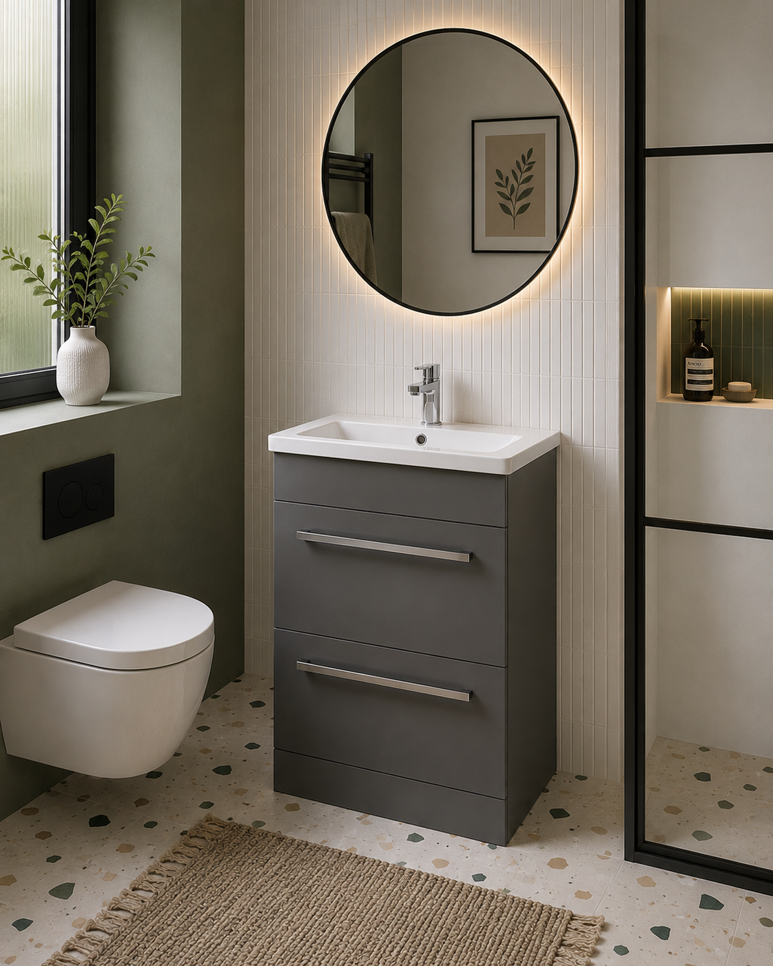 Kartell - Purity 2 Drawer Vanity Unit & Basin - 600mm x 450mm - Storm Grey Gloss