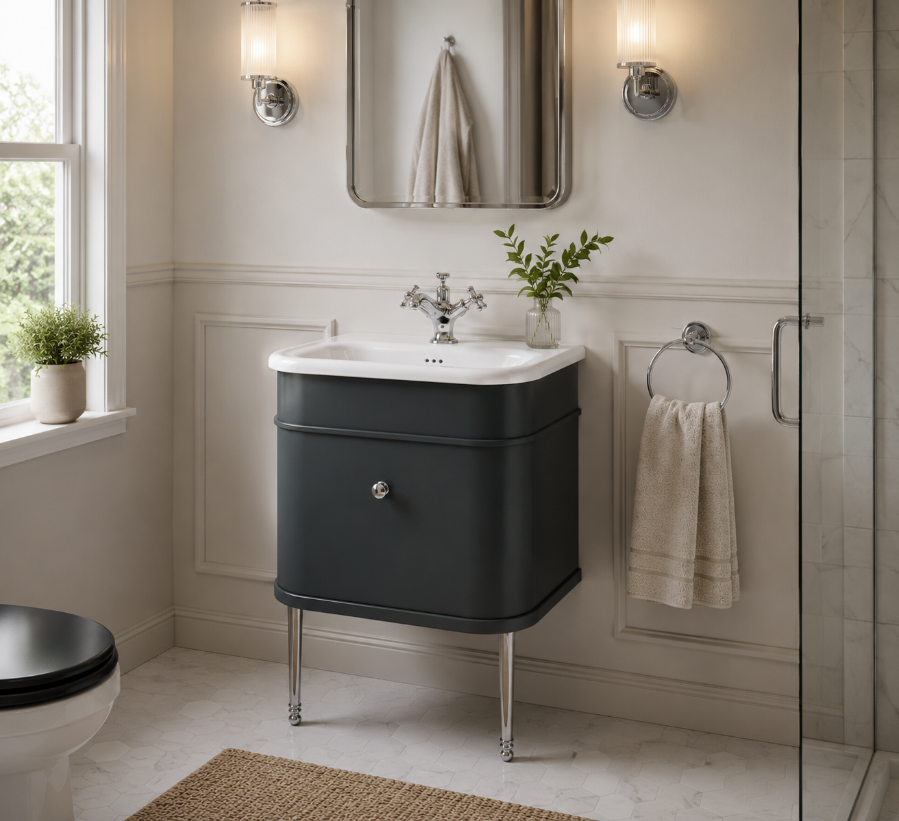 Burlington - Chalfont 650mm Single Drawer Unit with Natural Stone Roll Top Basin - Matt Black