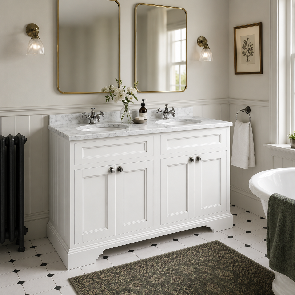 Burlington - Freestanding 130 Unit with Carrara White Worktop - Doors & 2 Integrated White Basins