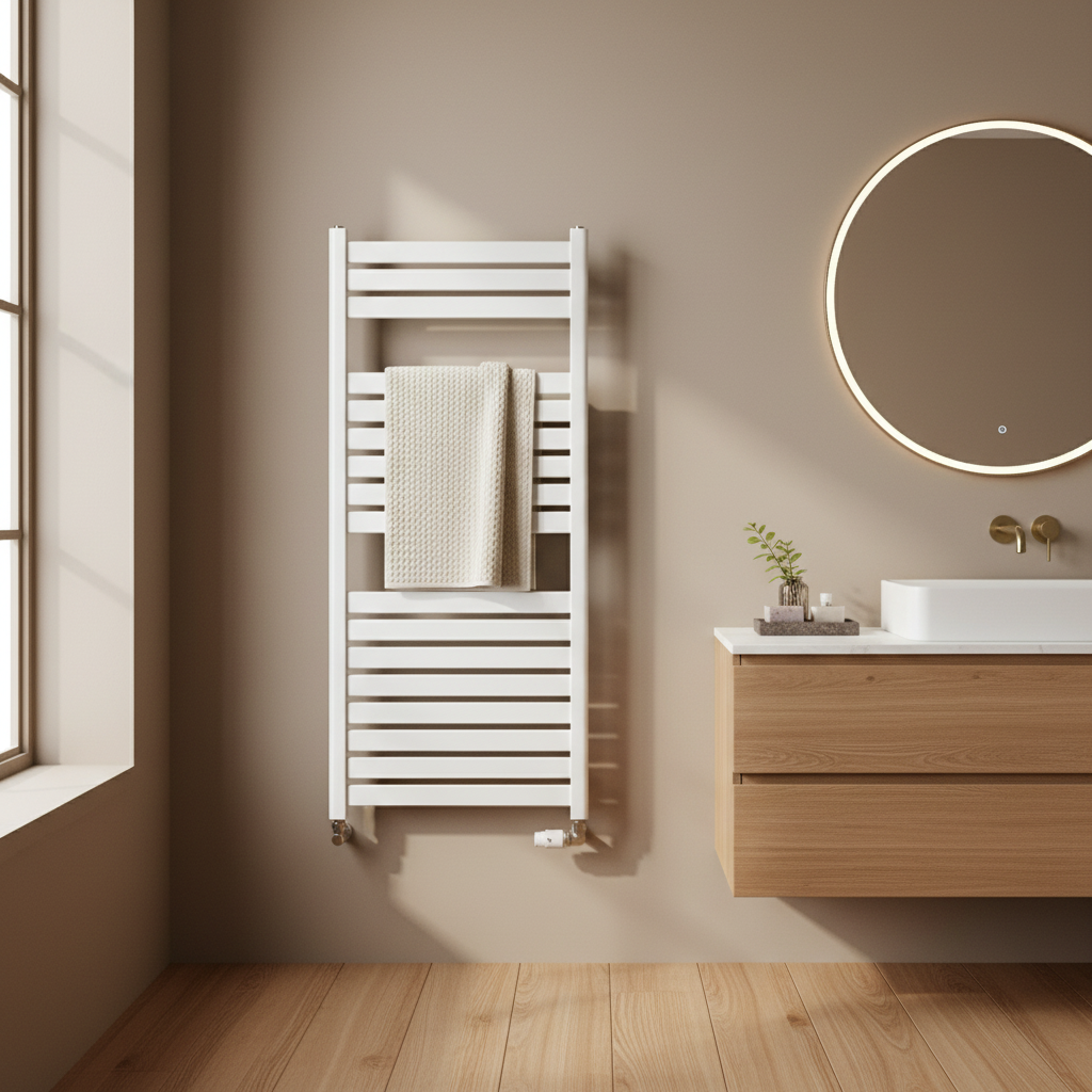 Warm bathroom with white towel radiator