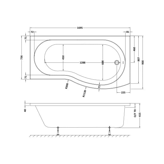 Nuie - 1695mm Right-Hand B Shaped Shower Bath With Legs