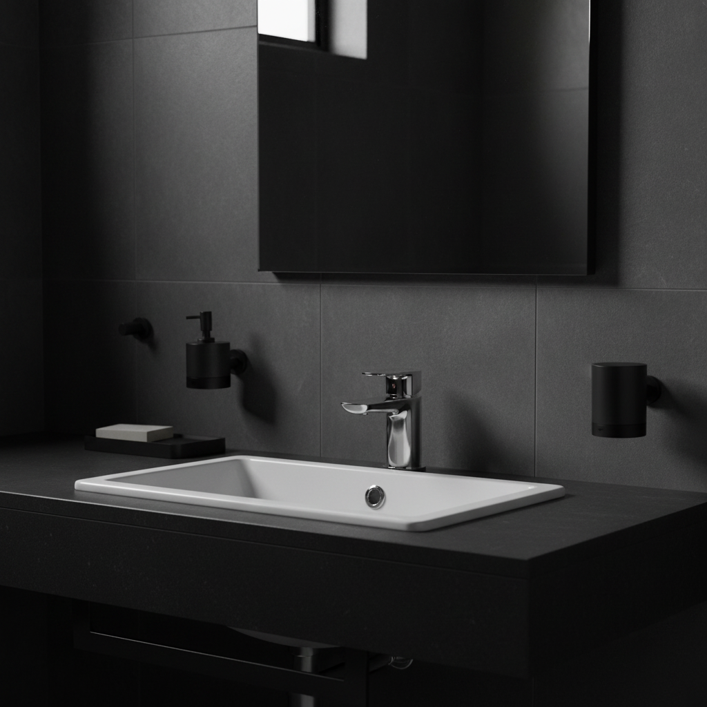 White and chrome tap in dark moody bathroom
