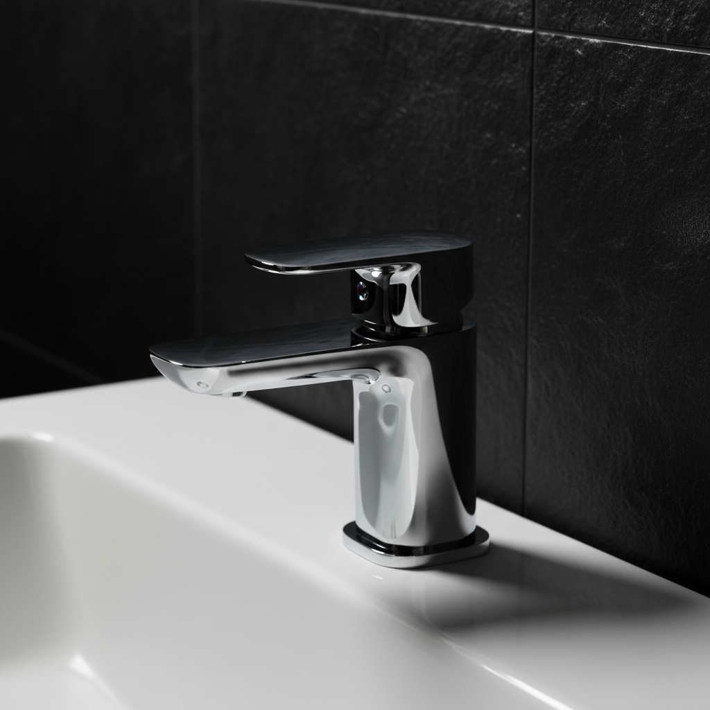 White and chrome tap on white basin with black tile background