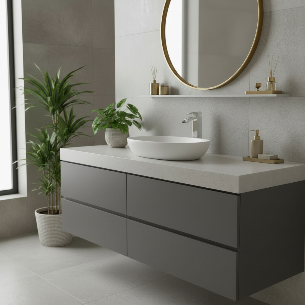 White and chrome tap with dark grey vanity unit