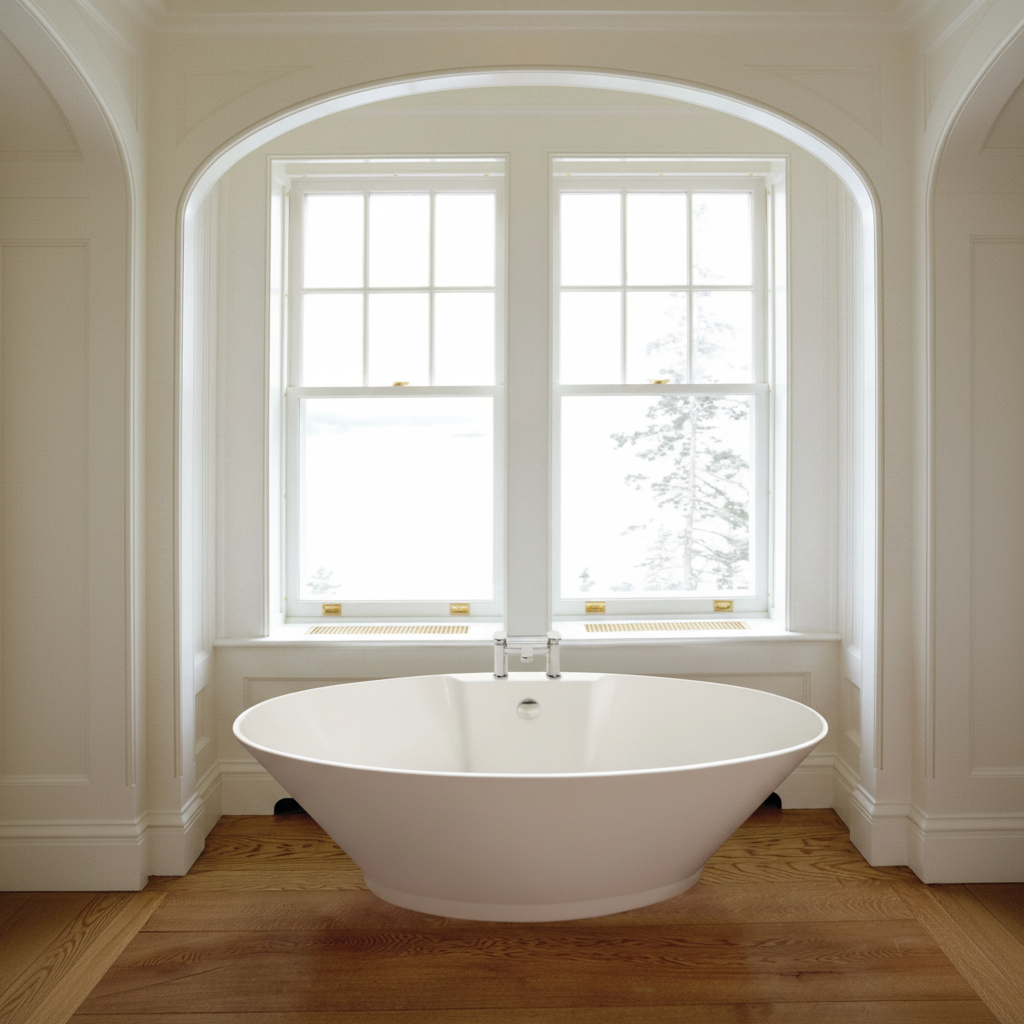 White bathtub in arched alcove 1:1