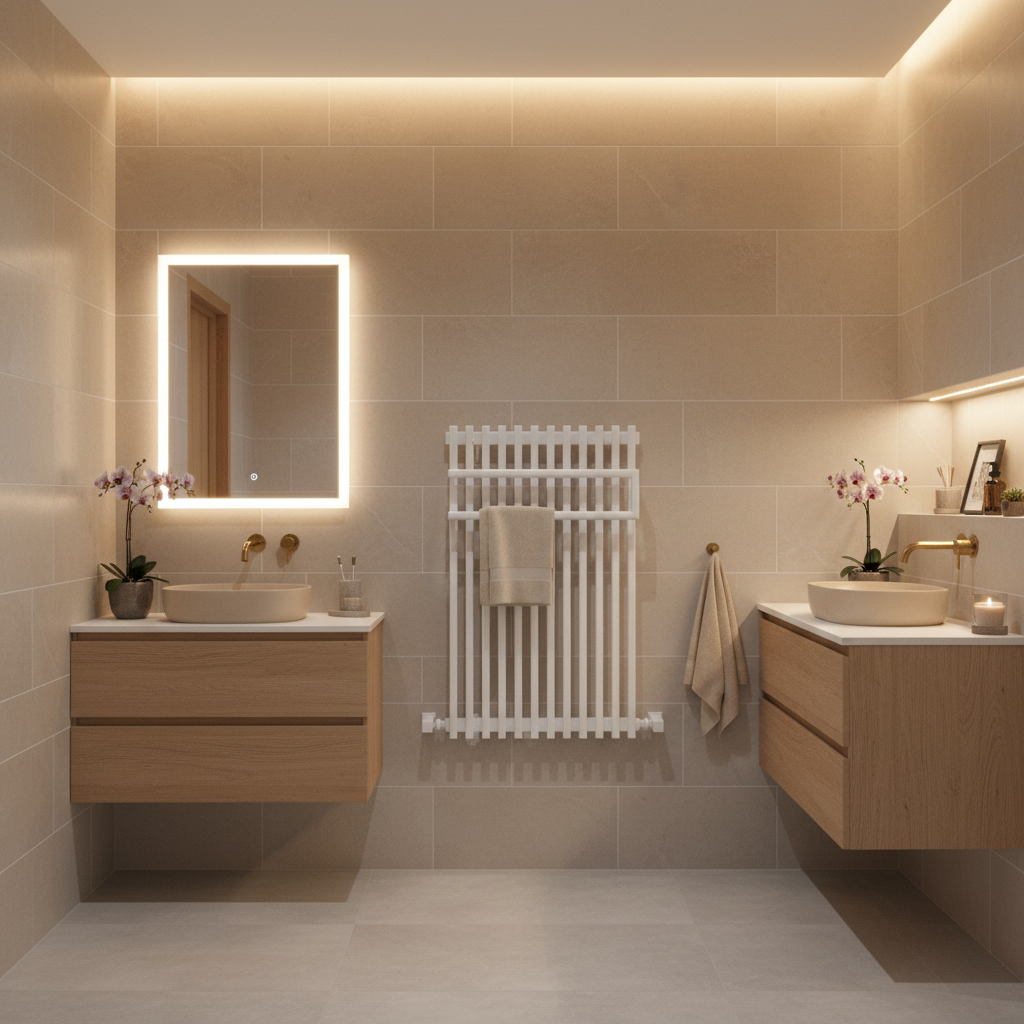 White column radiator in bathroom setting