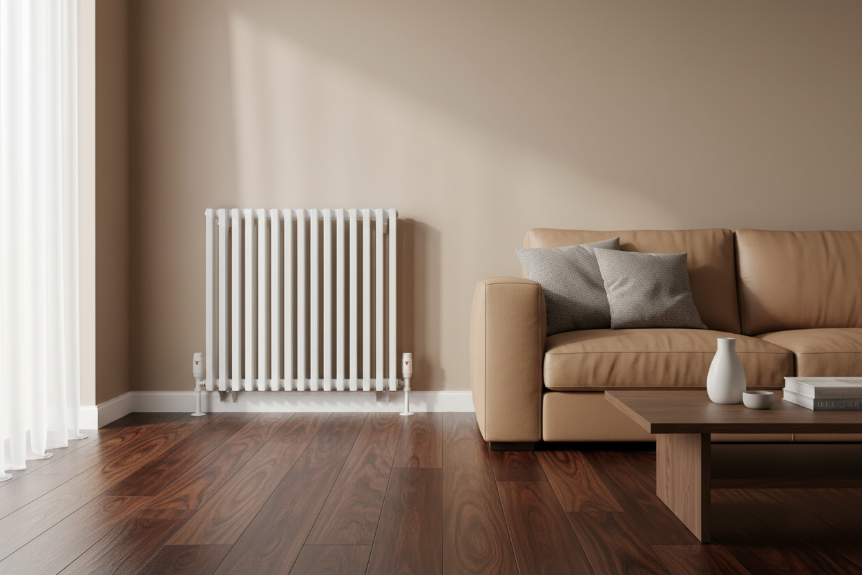 White column radiator with dark oak floors and leather sofa