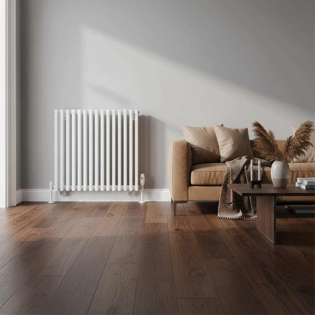 White column radiator with oak floors and leather sofa - square format