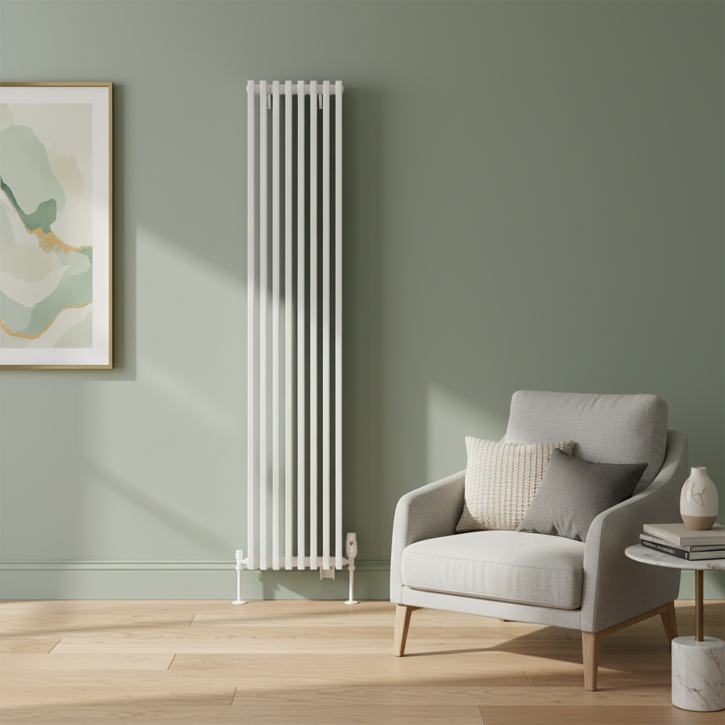 White column radiator with sage green wall - square format
