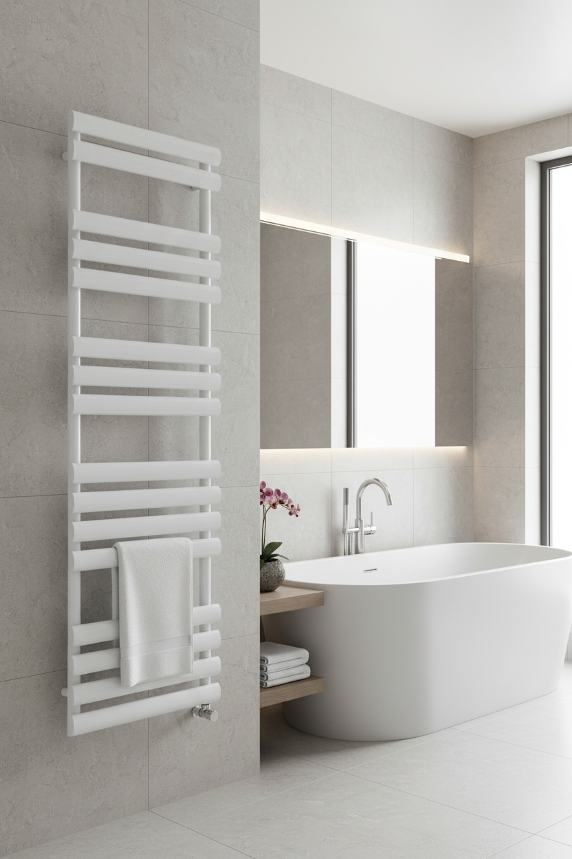 White designer radiator in bathroom setting