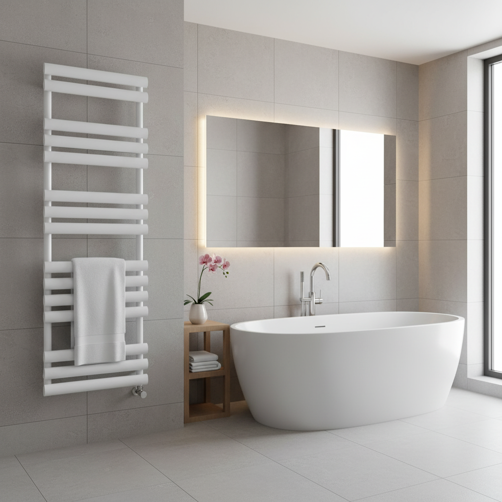 White designer radiator in bathroom setting