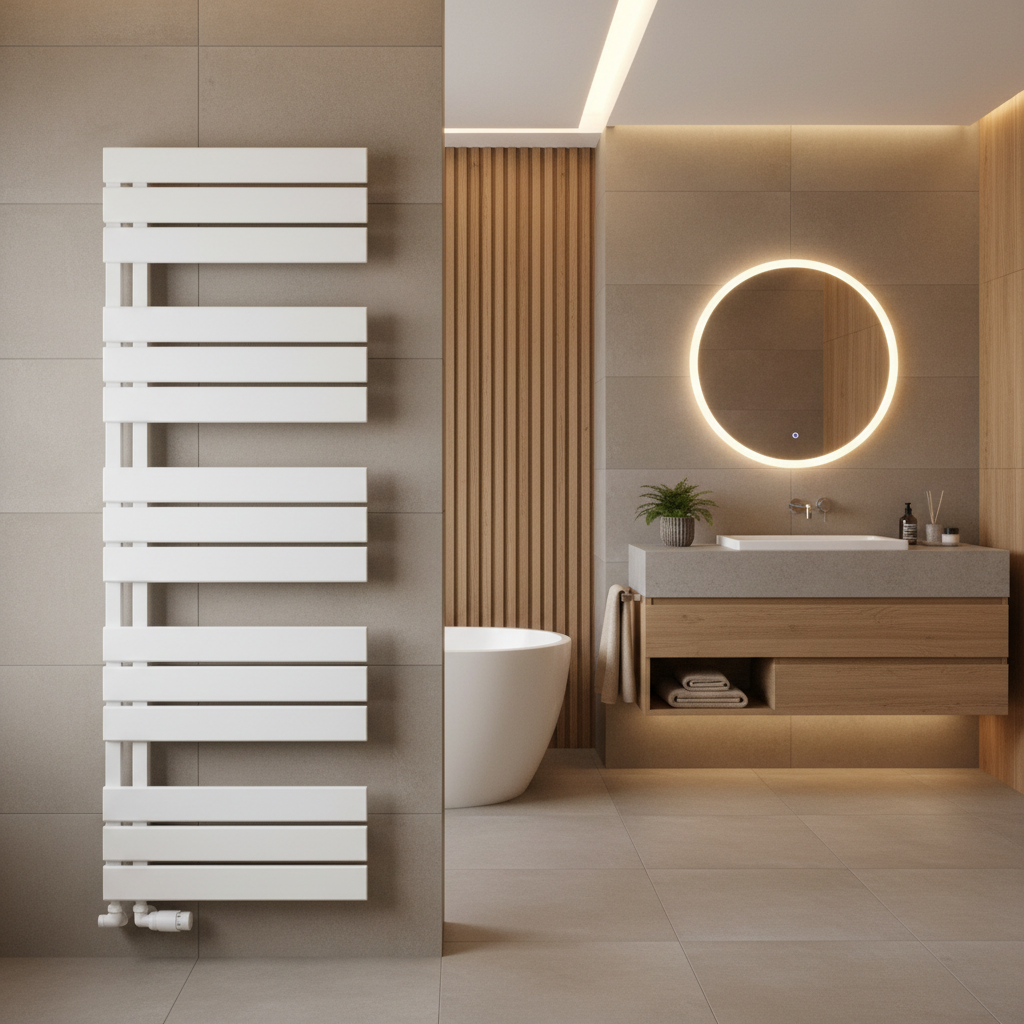 White designer radiator in warm bathroom setting