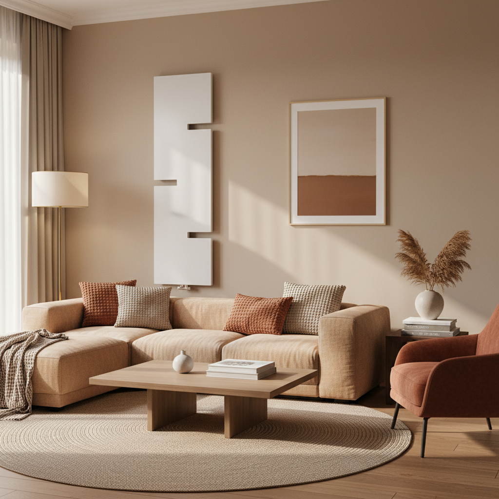 White designer radiator in warm living room