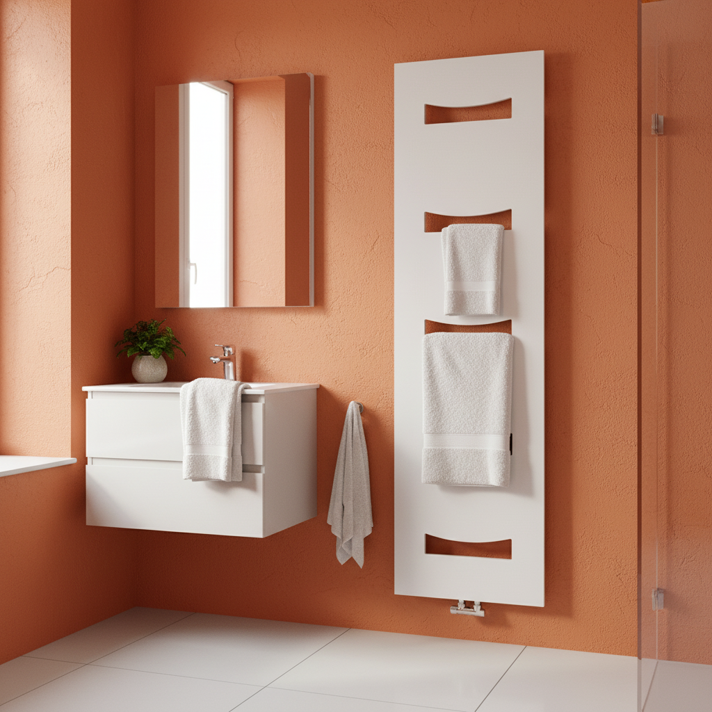 White designer radiator on terracotta orange wall