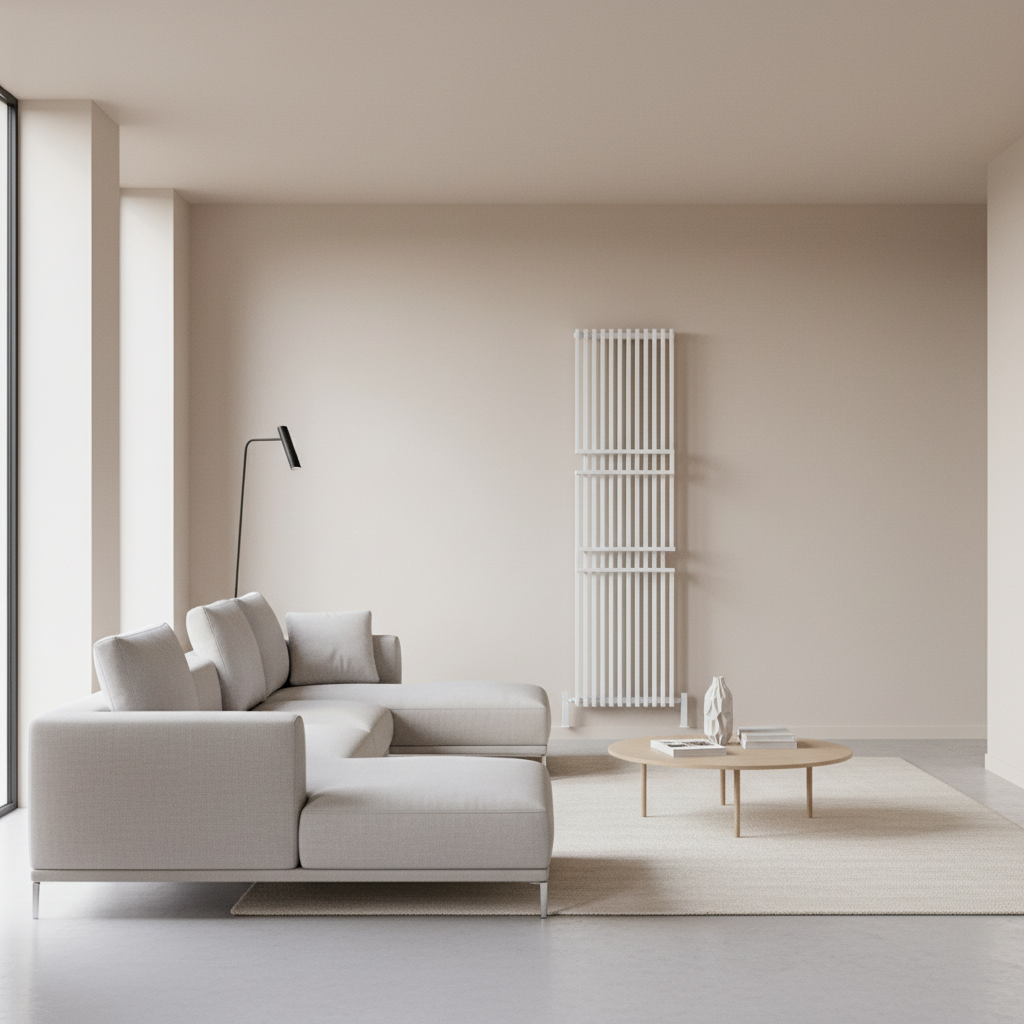 White designer radiator with empty shelves lifestyle image