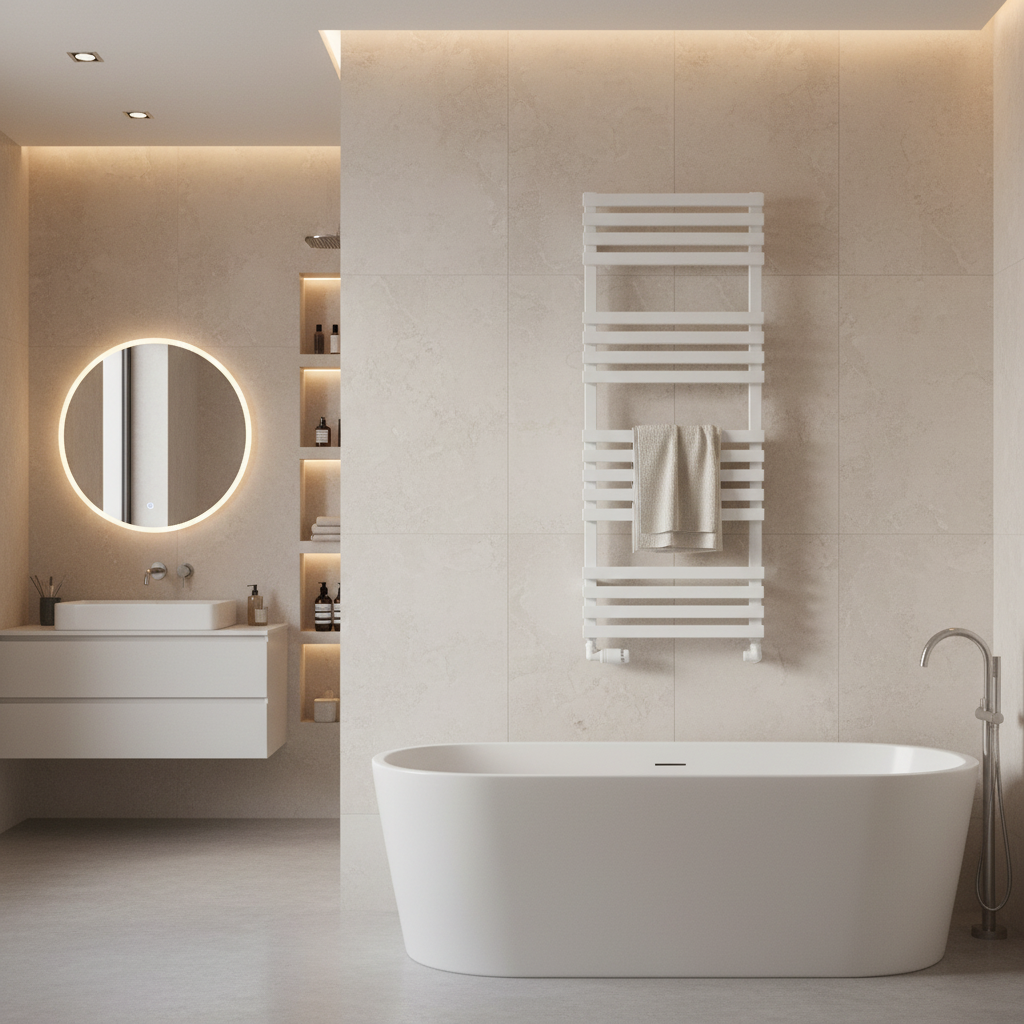 White designer towel rail with warm lighting