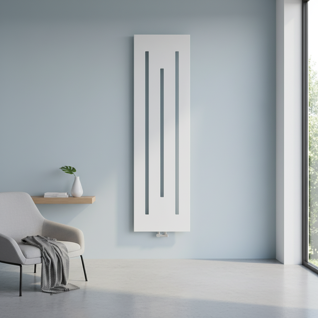 White flat panel radiator on pale blue wall