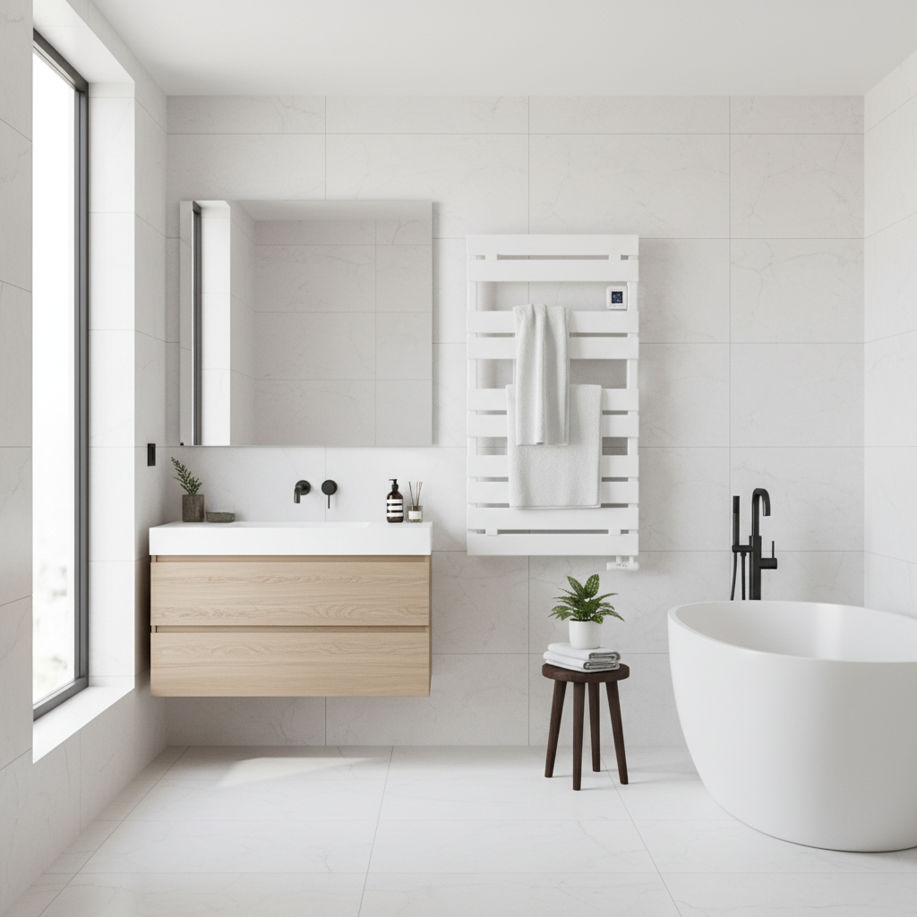 White flat panel radiator with thermostat lifestyle image