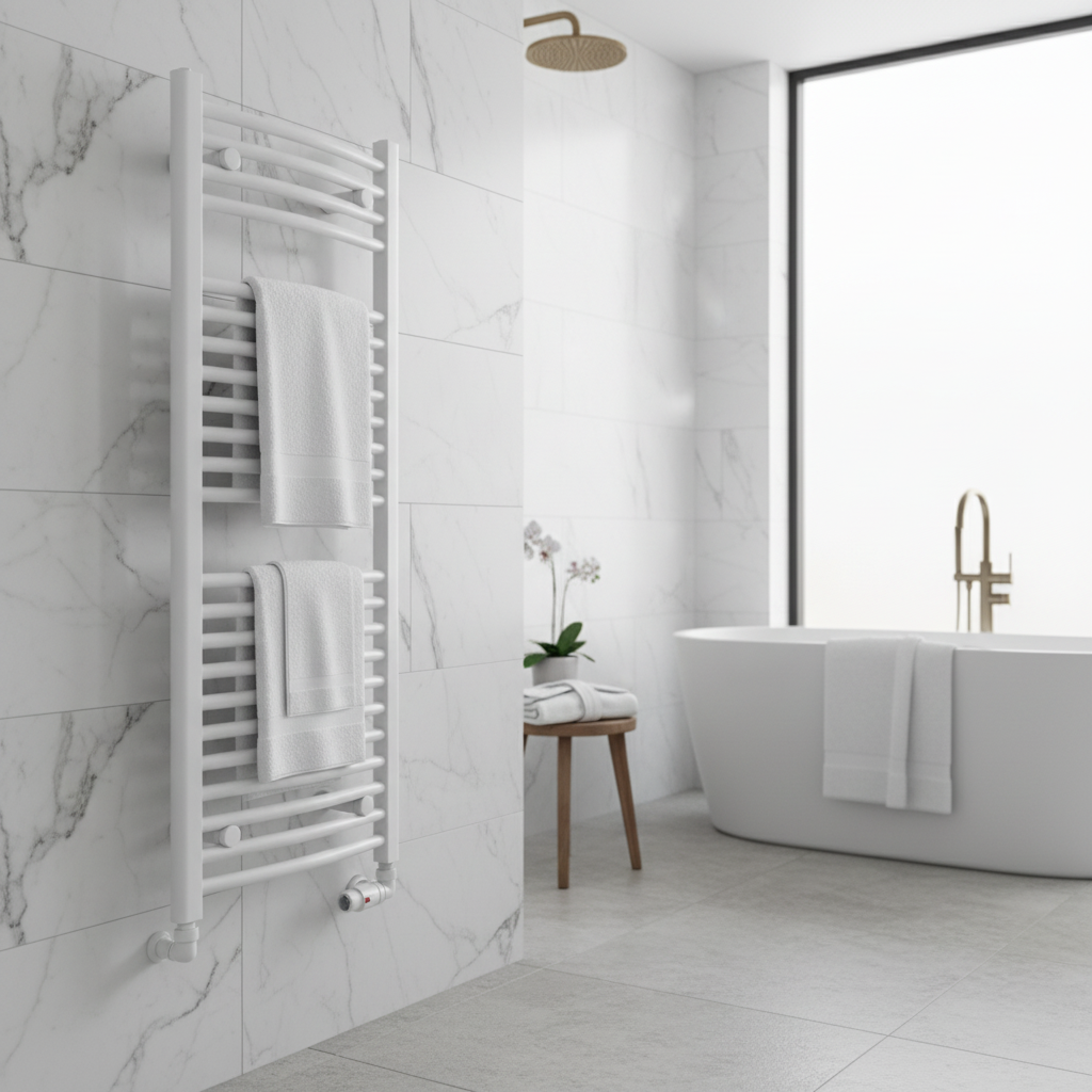 White heated towel rail in luxury bathroom lifestyle