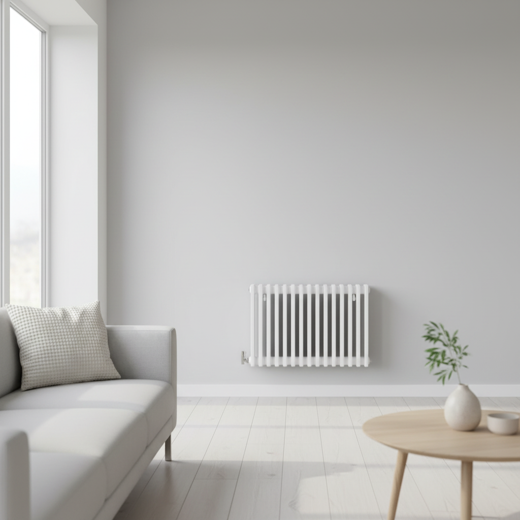 White horizontal column radiator in modern living room - square format