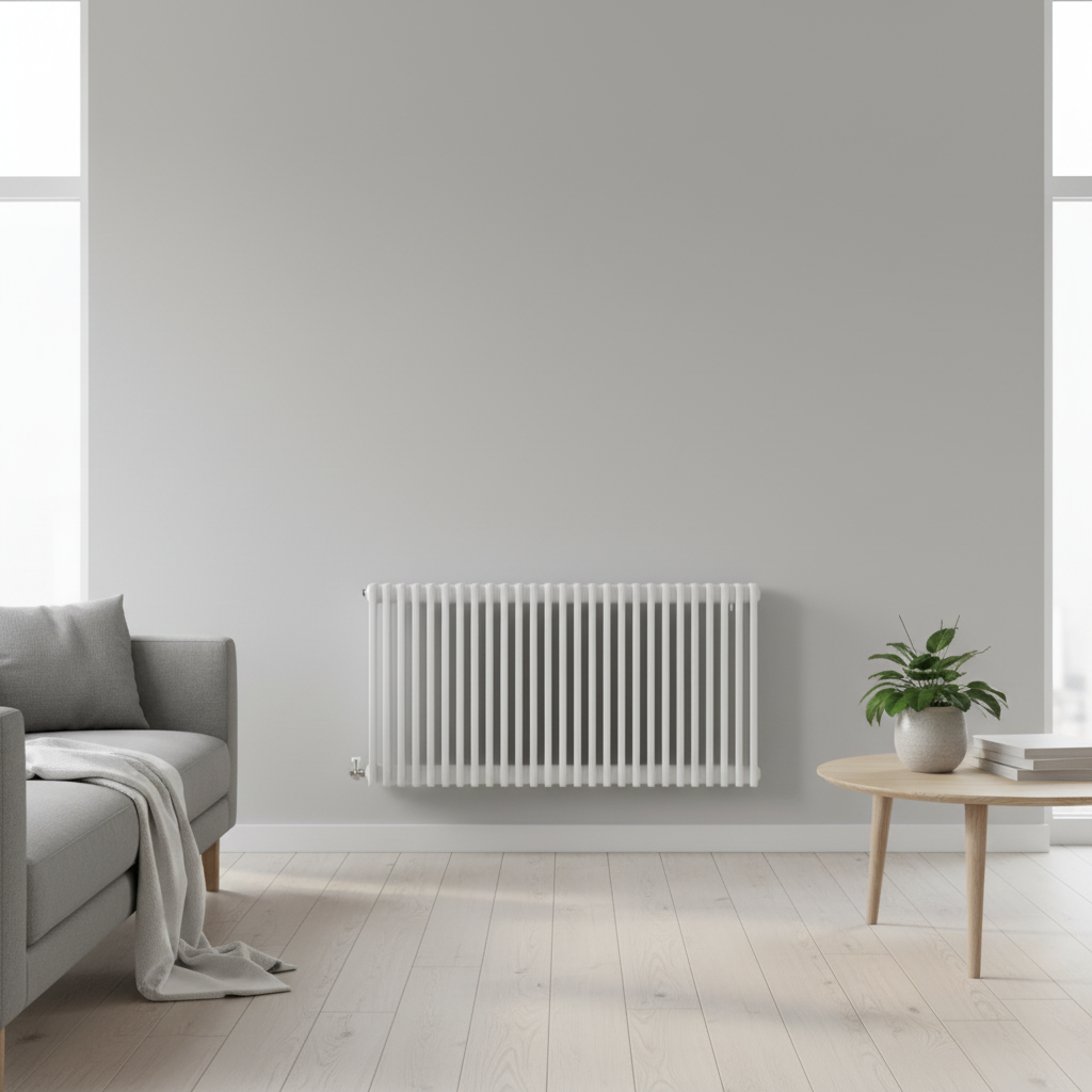 White horizontal column radiator in modern living room - square format