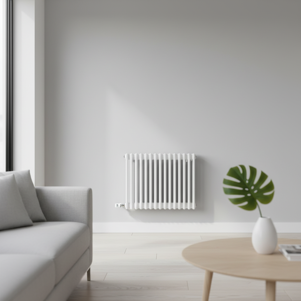 White horizontal column radiator in modern living room - square format