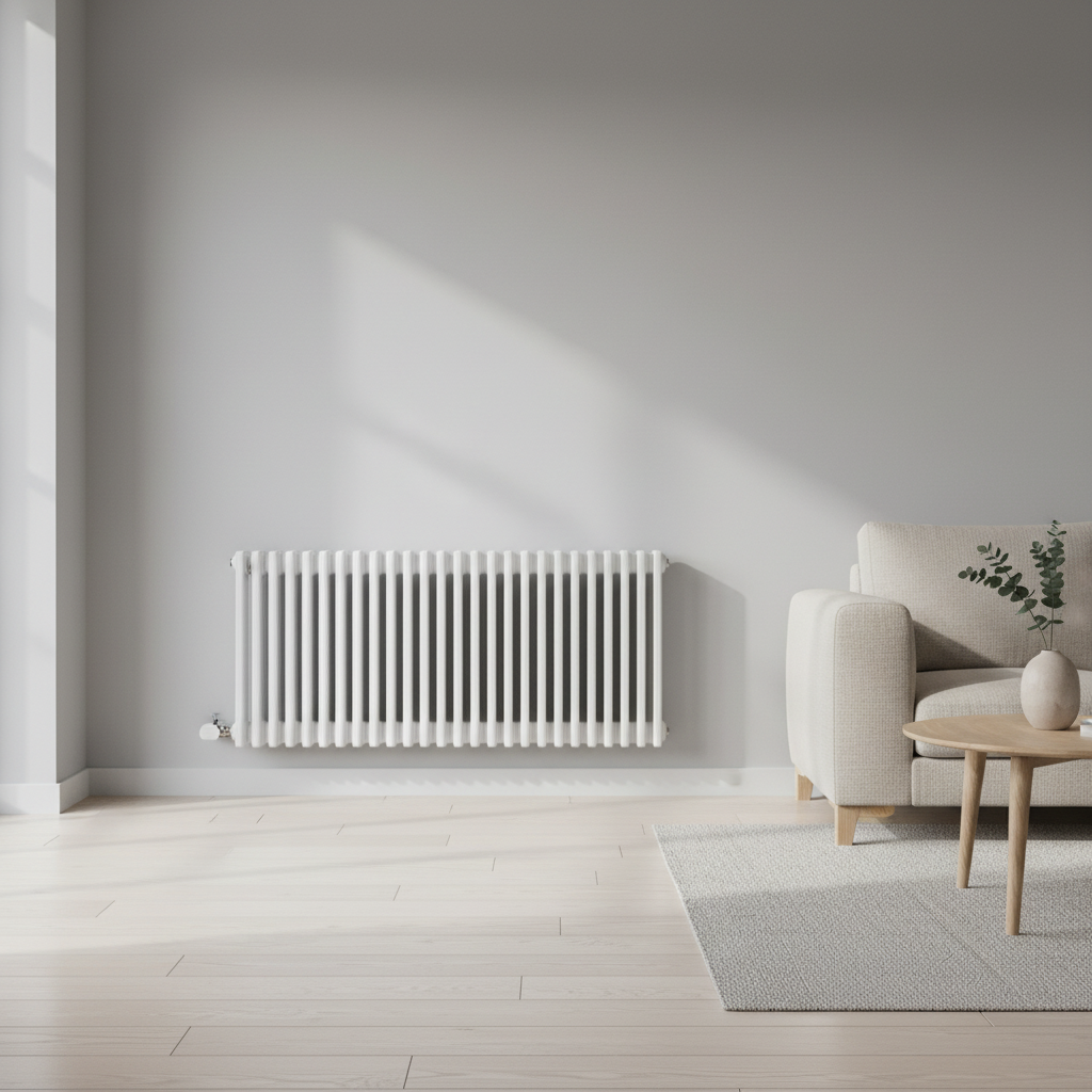 White horizontal column radiator in modern living room - square format