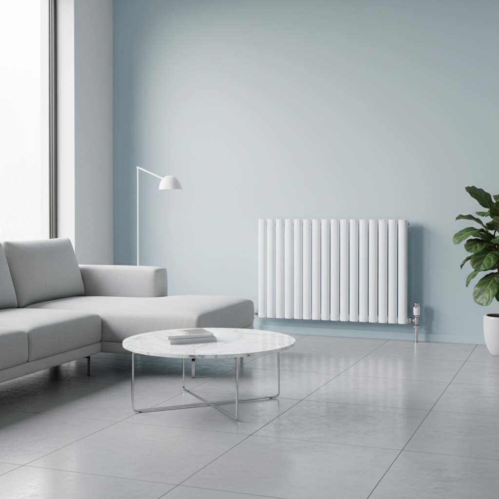 White horizontal column radiator on pastel blue wall