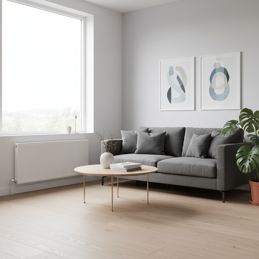 White horizontal flat panel radiator in modern stylish living room - square format