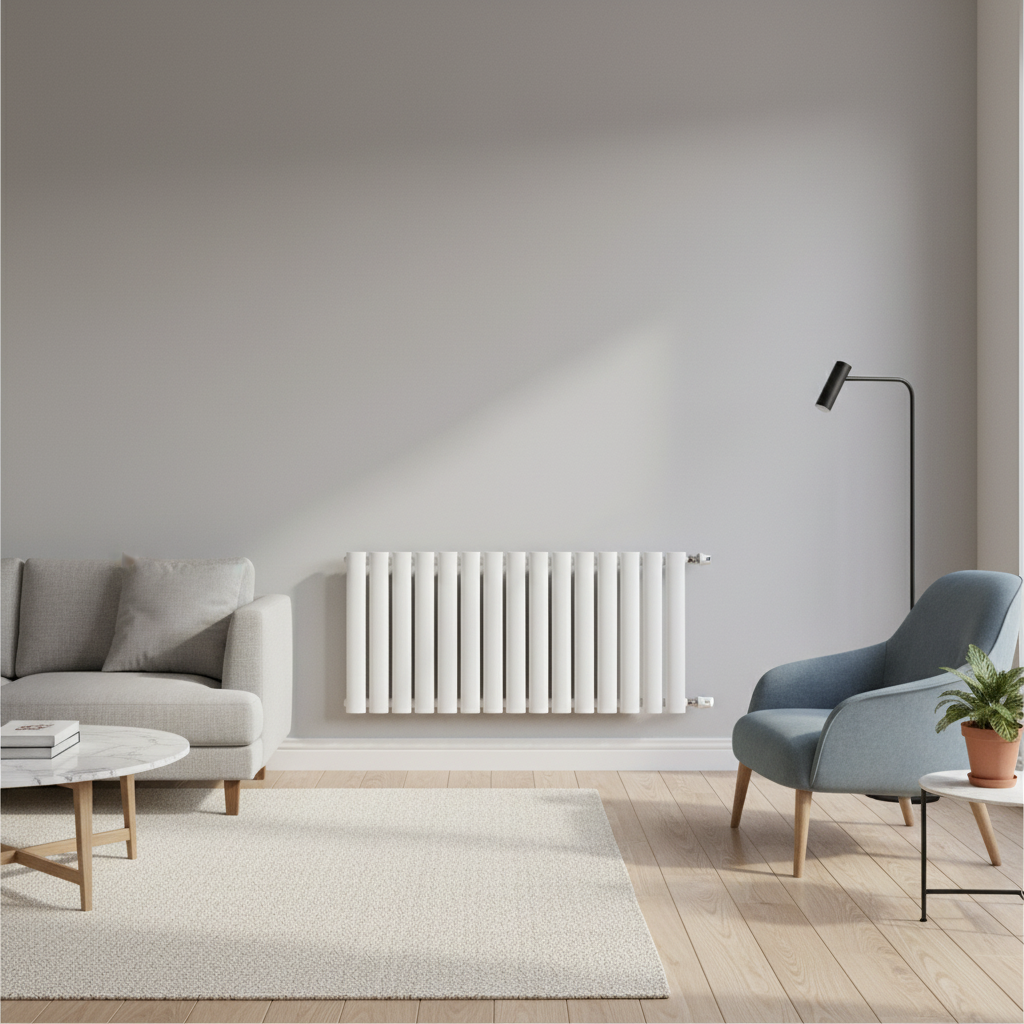 White horizontal oval tube radiator in modern living room - square format