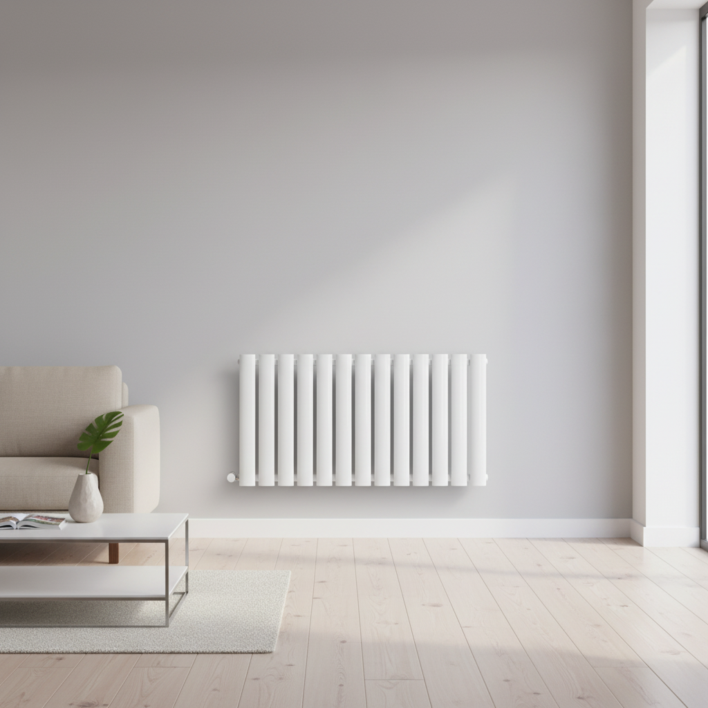 White horizontal oval tube radiator in modern living room - square format