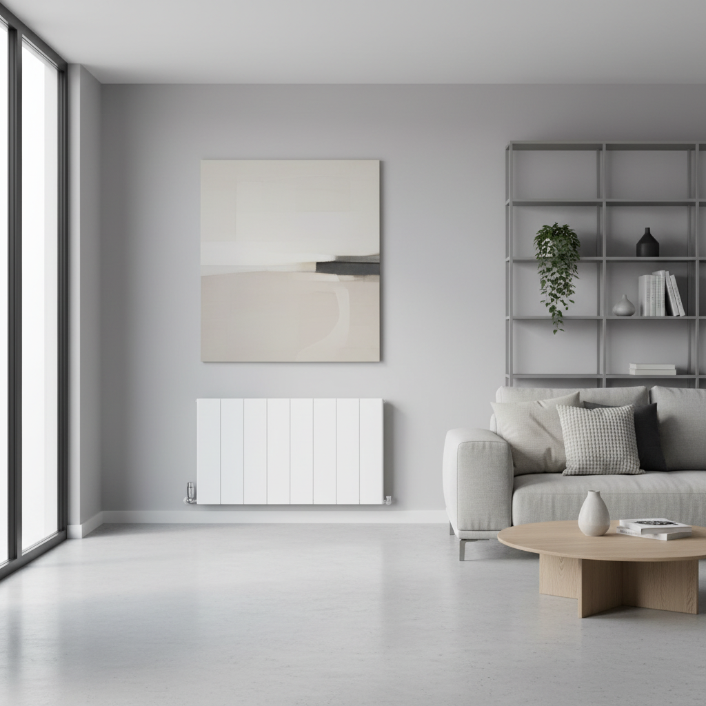 White horizontal radiator positioned close to floor