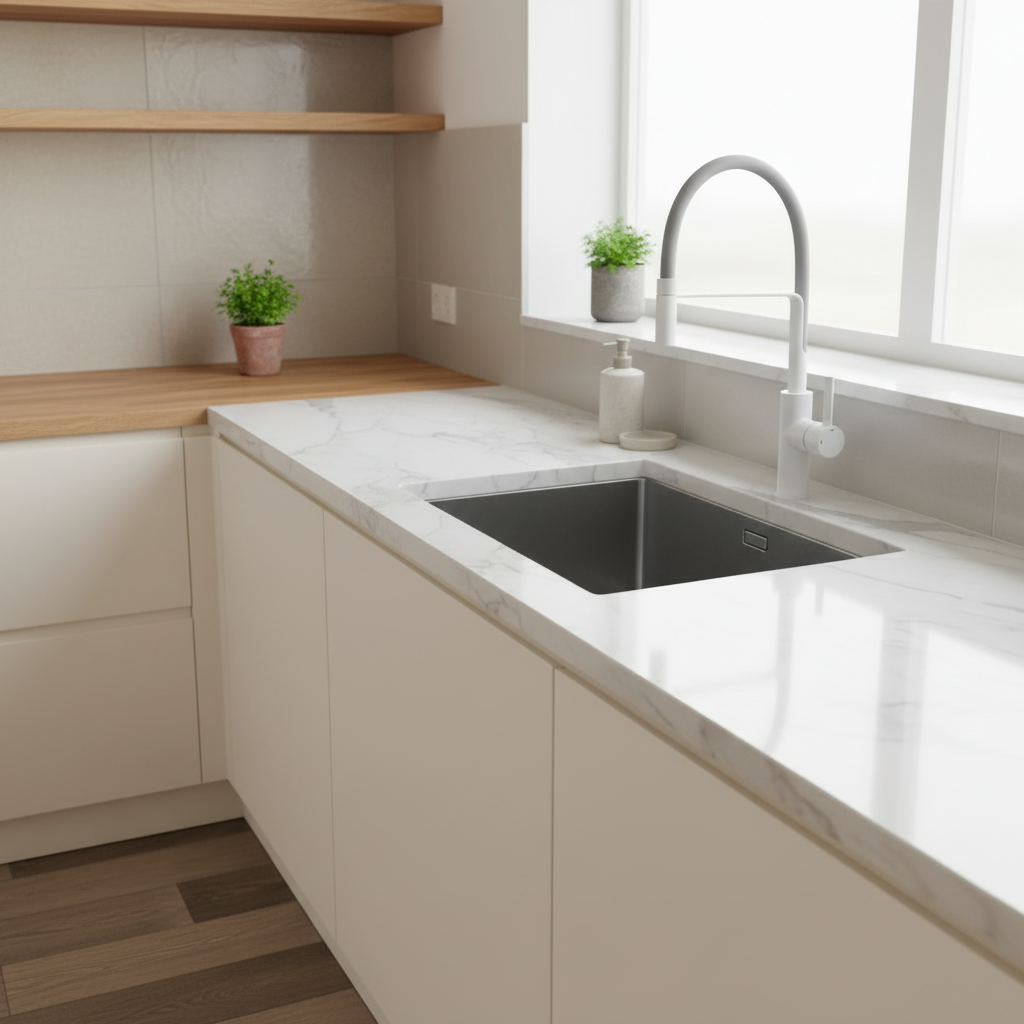 White Pull-Out Tap - Warm Kitchen Setting