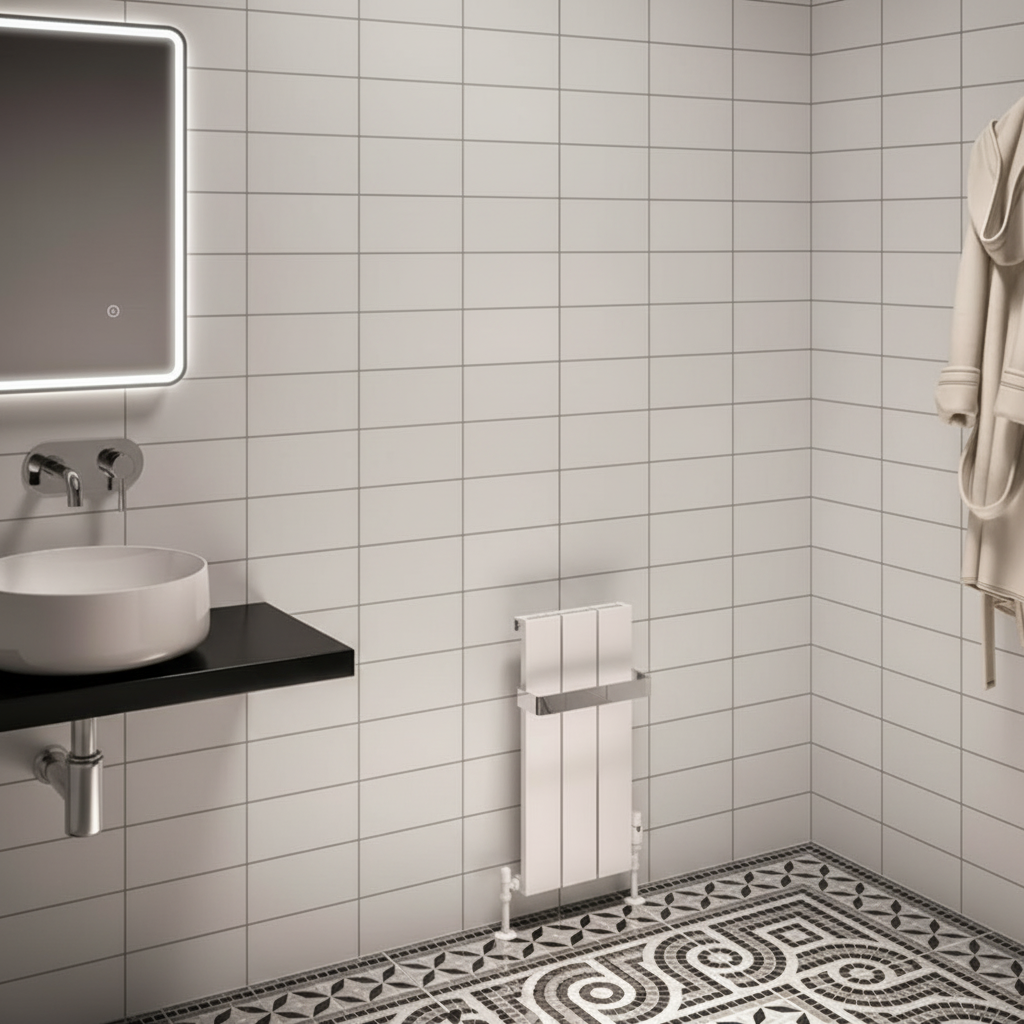White radiator bathroom with white tiles