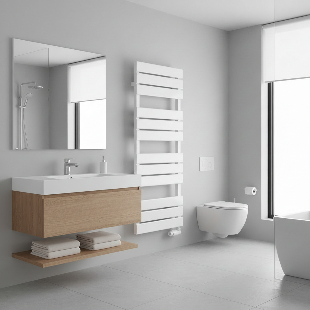White radiator in bathroom with colored vanity