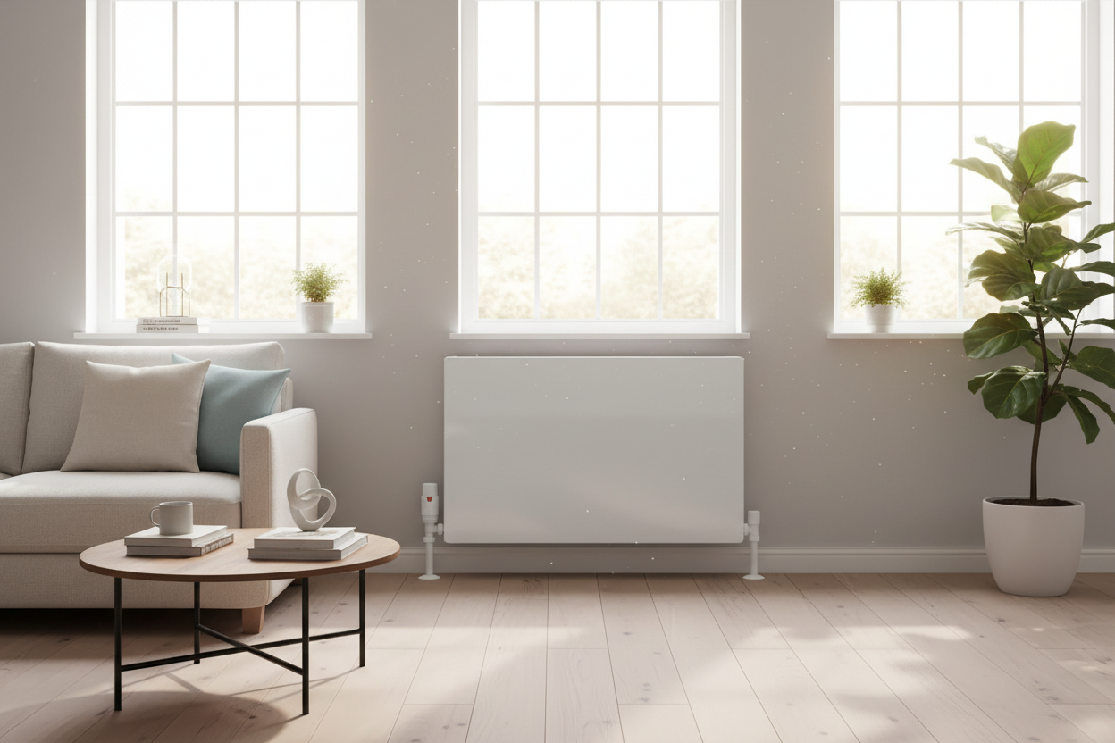 White radiator in living room with French windows