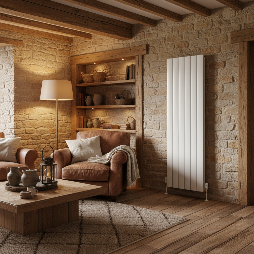 White radiator in rustic living room