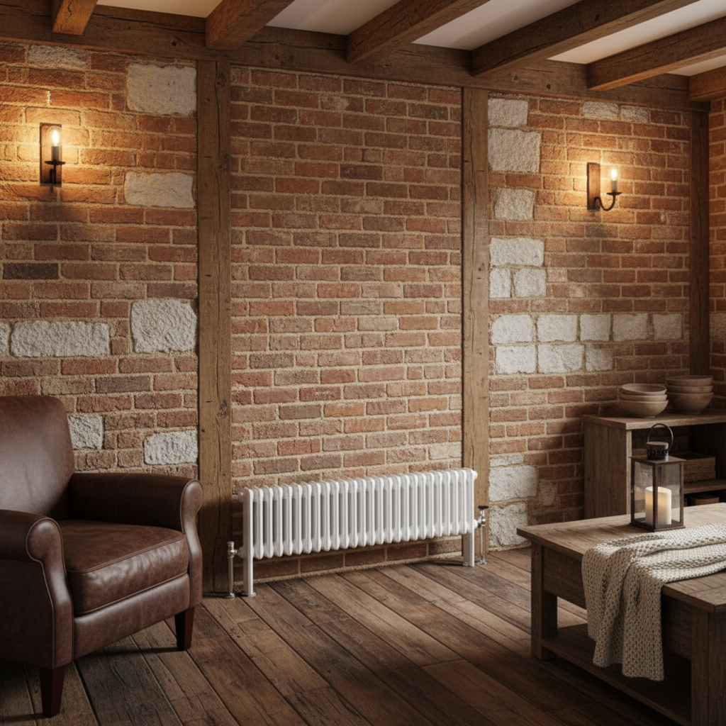 White radiator in rustic room without window