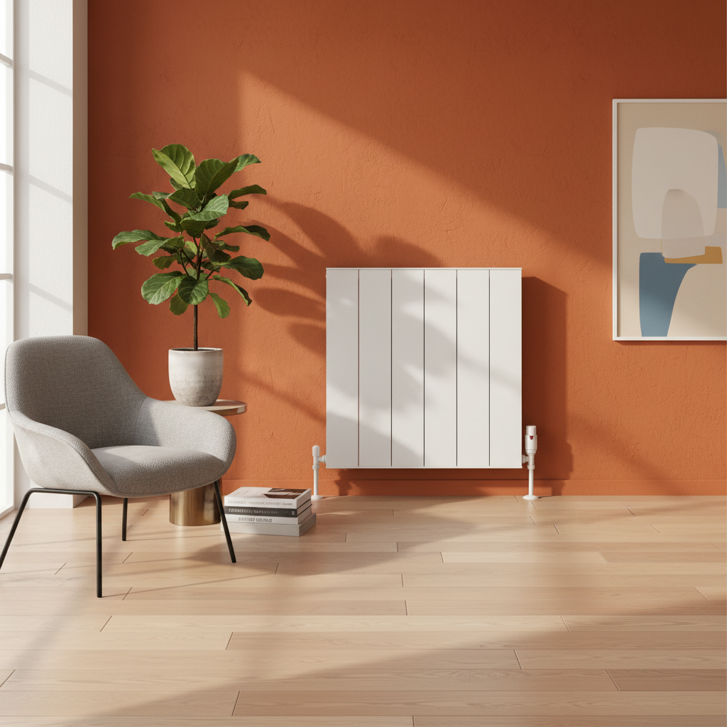 White radiator on burnt orange wall - square format