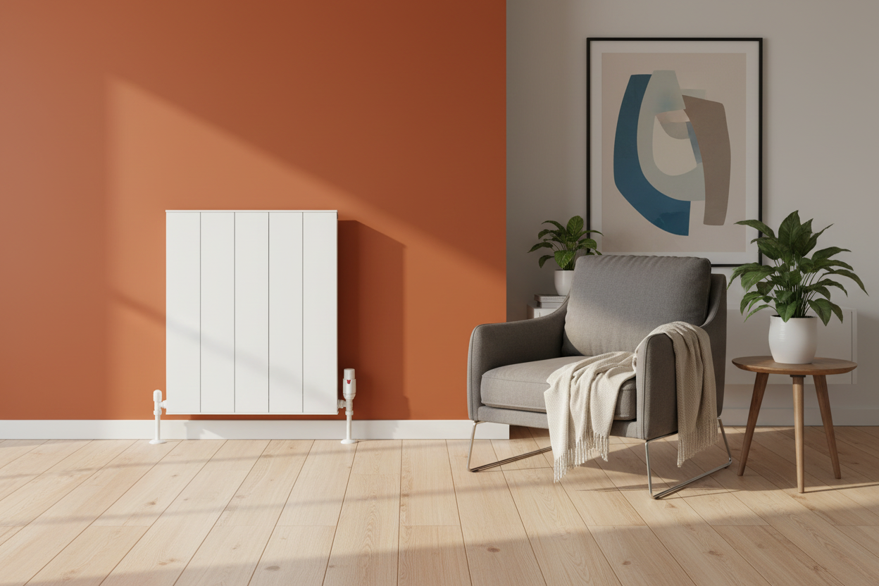 White radiator on burnt orange wall