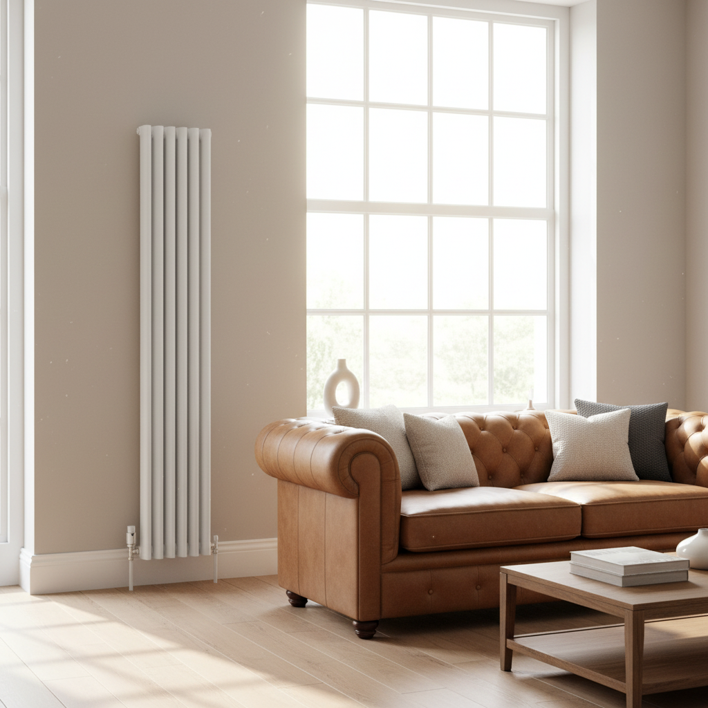 White radiator with Chesterfield and French windows - square format
