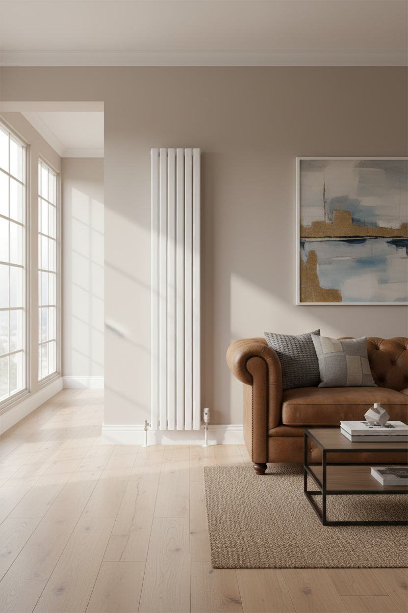 White radiator with Chesterfield sofa and French windows - no vase