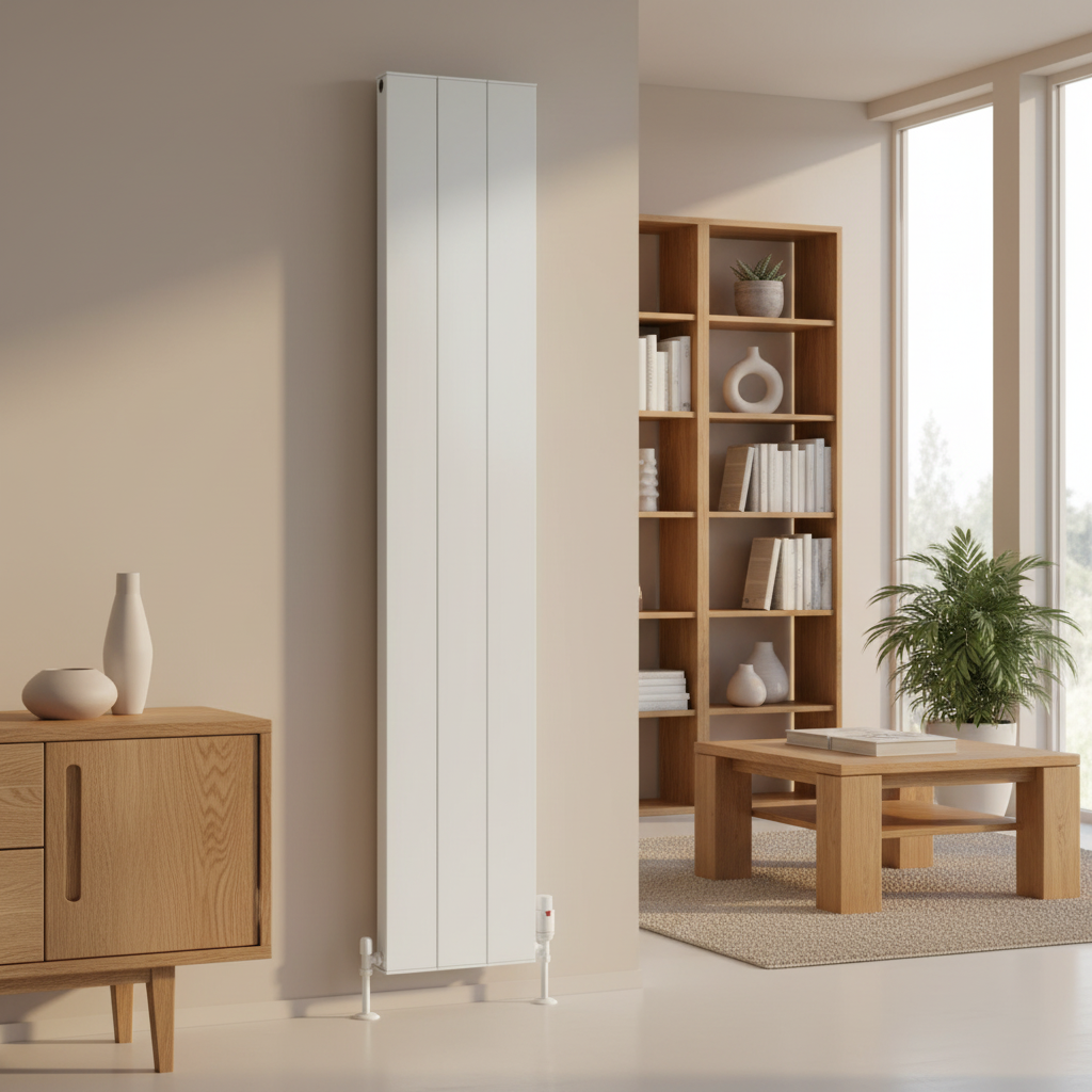 White radiator with floor-touching valve pipes