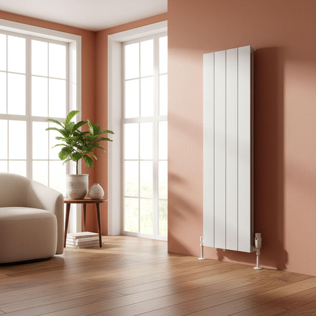 White radiator with French windows and wooden floors