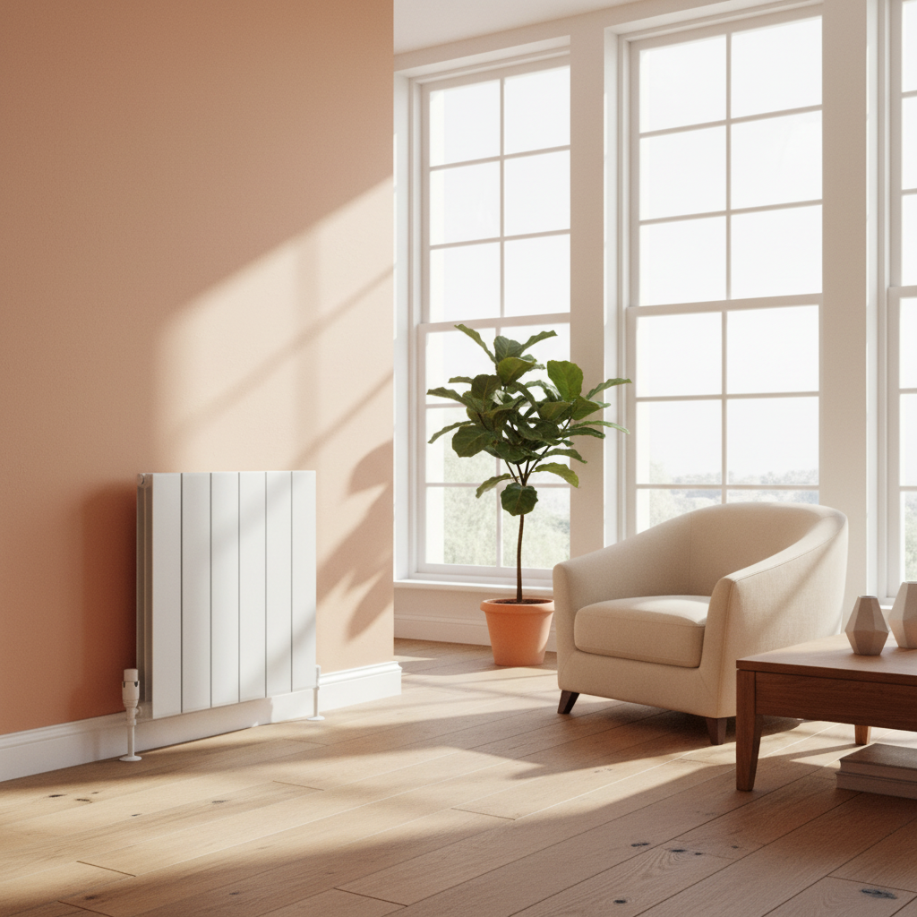 White radiator with French windows, no books