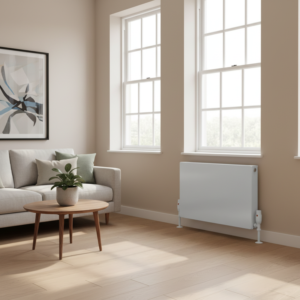 White radiator with French windows - square format