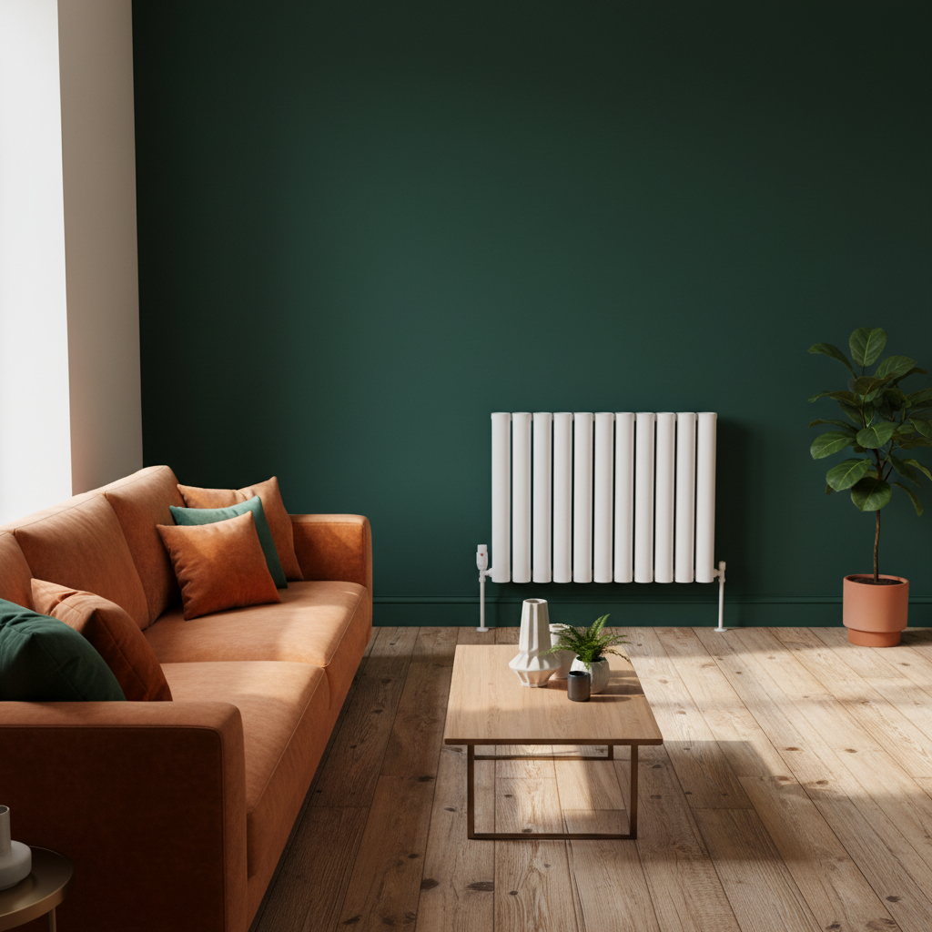 White radiator with green walls and orange sofa