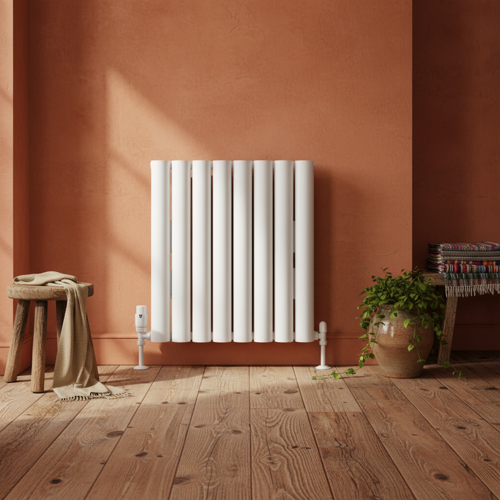 White radiator with terracotta walls and wooden floors