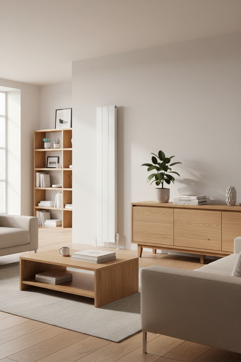 White radiator with valves both sides and oak furniture