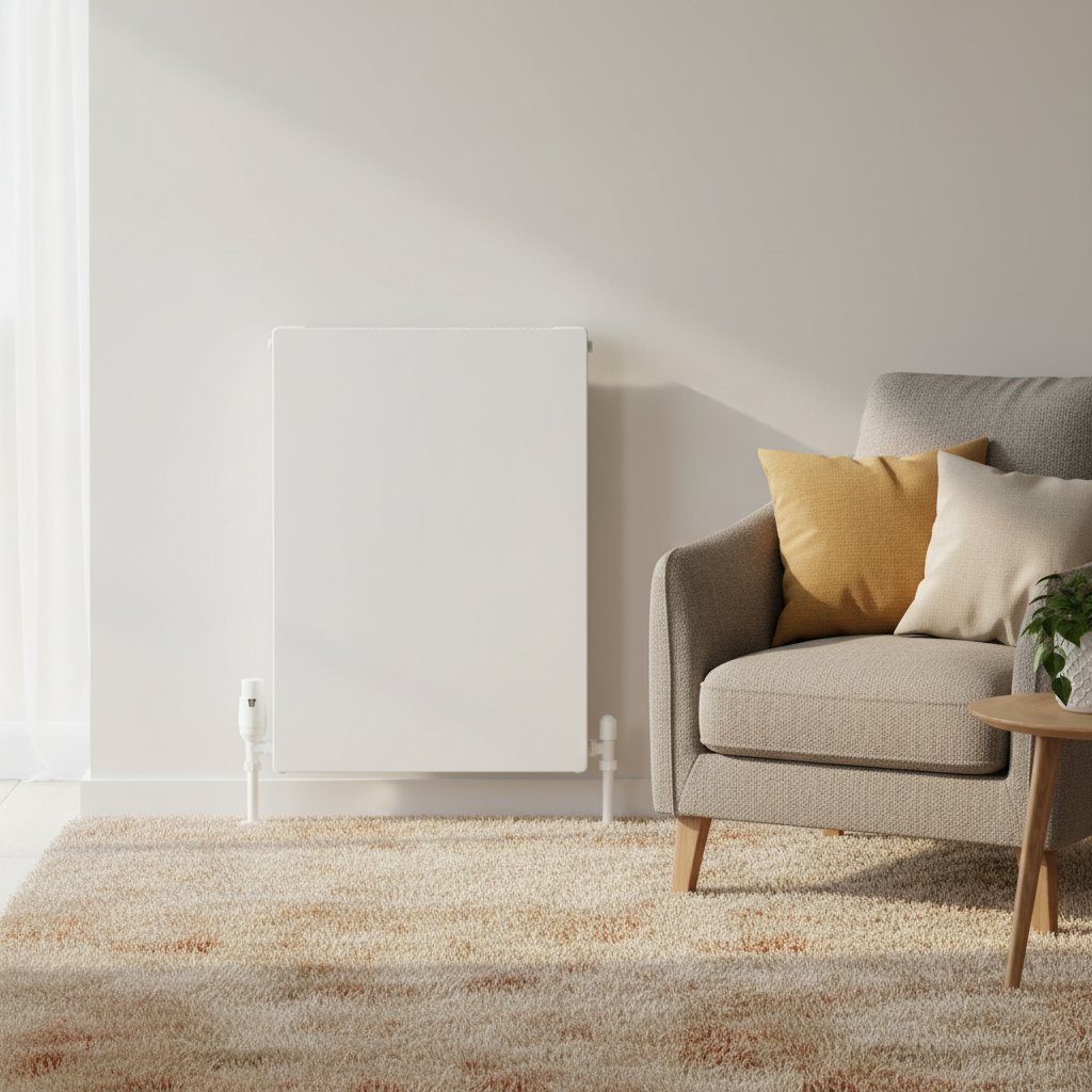 White radiator with warm carpet